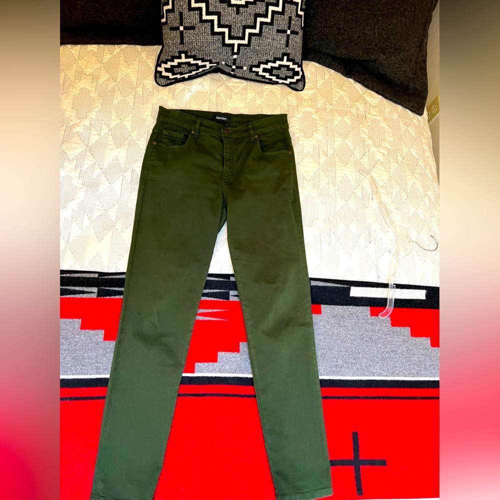 Karen Kane, Skinny Dark Olive colored Jeans, stretch twill